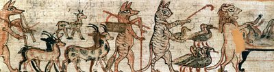 Il Papiro Satirico, dettaglio della parte destra con un gatto che raduna oche e un leone che mummifica un asino, da Tebe, c.1100 a.C. da New Kingdom Egyptian